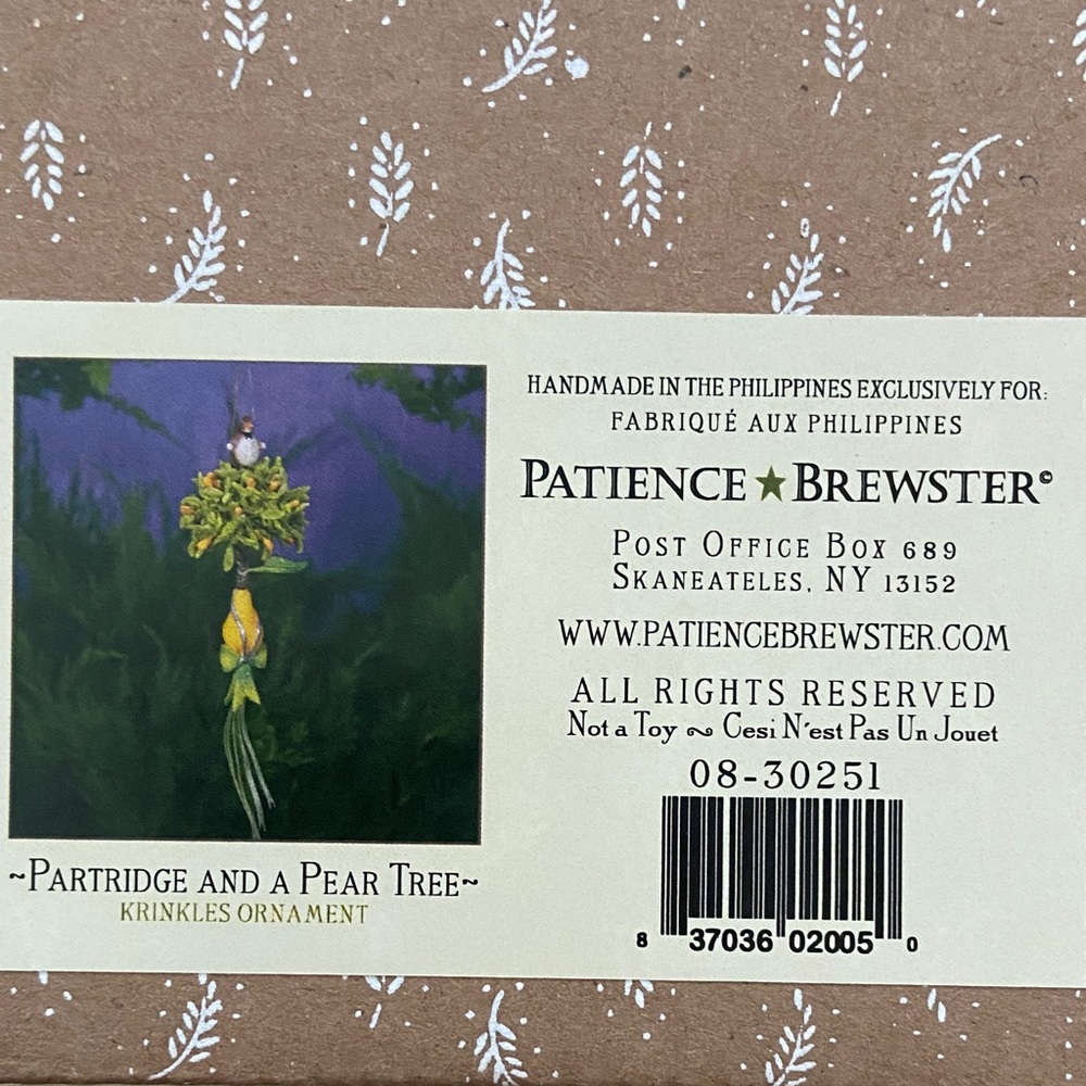 Patience Brewster Partridge and Pear Tree Ornament, 12 Days of Christmas, new in